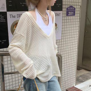 V-neck Plain Knit Cutout Top White - One Size