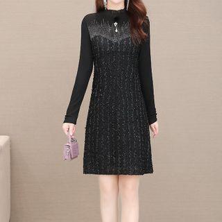Long-sleeve Rhinestone Midi A-line Dress