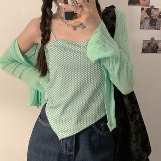 Long Sleeve Plain Cardigan / Plaid Asymmetric Tube Top