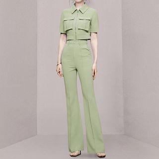 Set: Short-sleeve Zip Shirt + Flared Pants