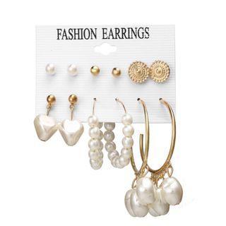 6 Pair Set: Faux Pearl / Alloy Earring (various Designs) Set Of 6 Pairs - Gold & White - One Size