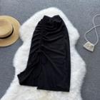 Plain Drawstring Ruched Slit Skirt Black - One Size