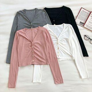 Plain V-neck Single-breasted Long-sleeve T-shirt