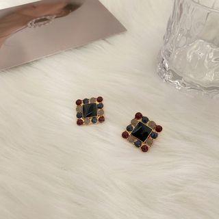 Square Glaze Alloy Earring 1 Pair - S925 Silver Needle - Earring - Brown & Blue - One Size