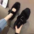 Furry Buckled Mary Jane Flats