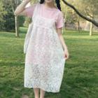 Set: Plain Short Sleeve T-shirt Dress + Lace Sleeveless Midi Dress