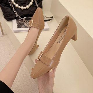 Block Heel Pointed Buckled Pumps
