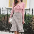 Set: Bow-accent Knit Top + Plaid Mermaid Skirt