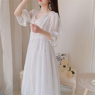 Puff-sleeve Lace Flower Trim Chiffon Shawl White - One Size