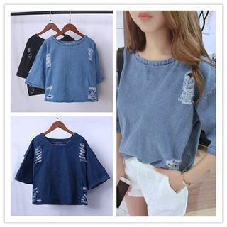 Distressed Elbow-sleeve Denim Top