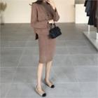 Set: Mock-neck Punched Knit Top + Skirt