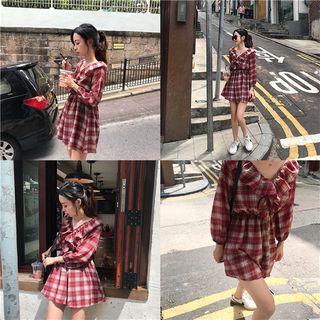 Plaid Long-sleeve Playsuit Red - One Size