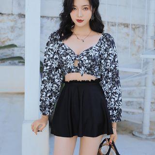 Set: Long-sleeve Floral Print Swim Top + Swim Bottom + Swim Skirt