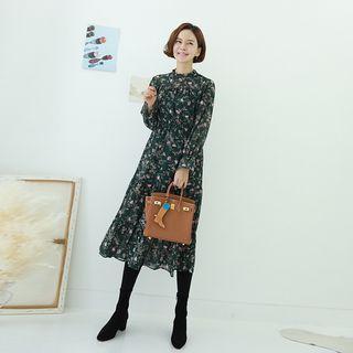 Frill-trim Floral Long Chiffon Dress Green - One Size