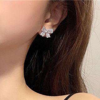 Bow Rhinestone Earring 1 Pair - S925 Silver - Silver - One Size