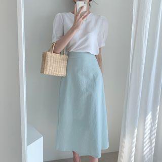 Plain Short-sleeve Tie-back Blouse / Plain Midi A-line Skirt