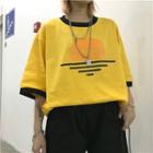 3/4-sleeve Contrast Trim Printed T-shirt