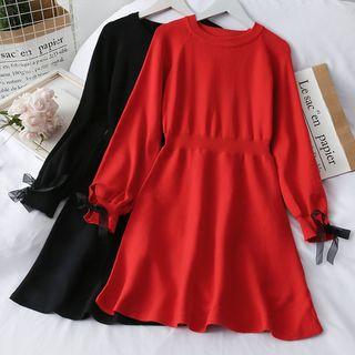 Ribbon-cuff Knit Mini Dress