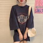 Short-sleeve Lettering Print T-shirt Gray - One Size