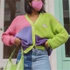Color Block Cardigan Grass Green & Pink & Blue - One Size