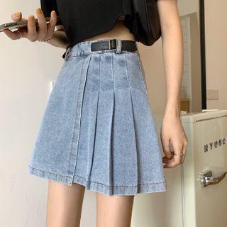 Pleated Denim A-line Mini Skirt