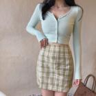 Plain Knit Long-sleeve Cardigan / High Waist Plaid Skirt