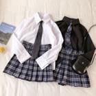 Plain Long-sleeve Shirt / Color-block Plaid Pleated Skirt
