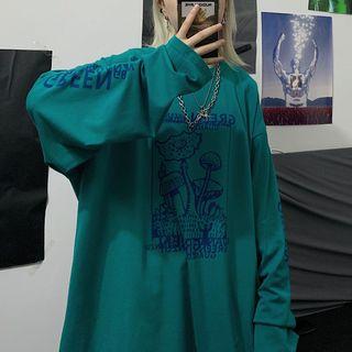 Mushroom Print Long-sleeve T-shirt Aqua Green - One Size