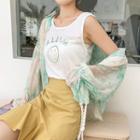 Set : Splash Ink Cardigan + Rhinestone Pattern Tank Top Green - One Size