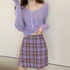 Long-sleeve Button-up V-neck Knit Top / Plaid Mini Pencil Skirt