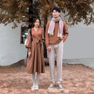 Couple Matching Puff-sleeve Knit Panel Midi A-line Dress / Sweater