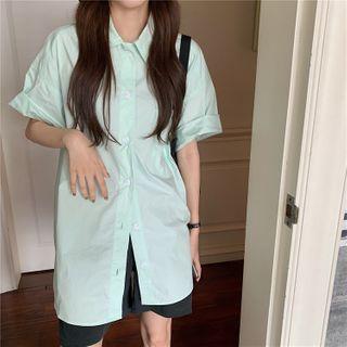 Elbow-sleeve Plain Shirt Light Green - One Size