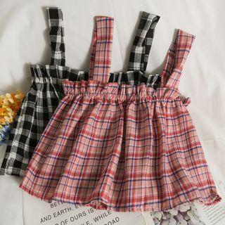 Plaid Ruffle-trim Loose Crop Top