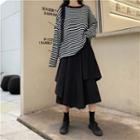 Long-sleeve Striped Knit Top / Asymmetric A-liner Midi Skirt