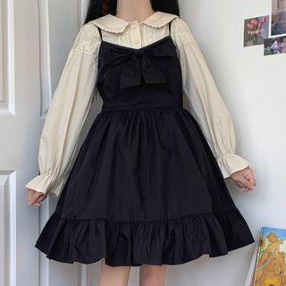 Long-sleeve Collared Blouse / Bow A-line Overall Dress
