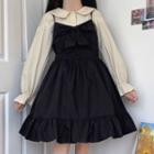 Long-sleeve Collared Blouse / Bow A-line Overall Dress
