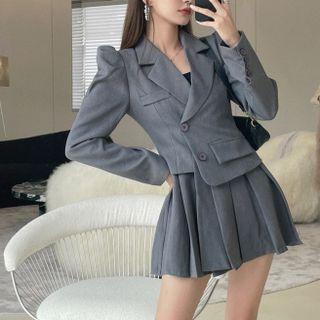 Long-sleeve Lapel Mock Two-piece Pleated Dress