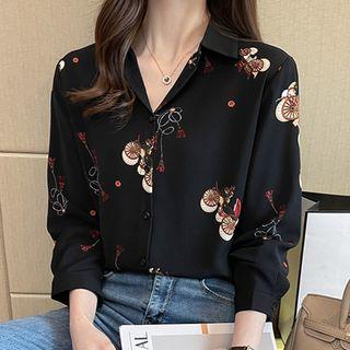 3/4-sleeve Graphic Print Chiffon Blouse