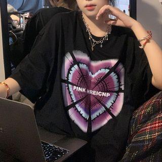 Short Sleeve Heart Print Loose T-shirt