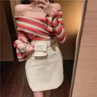 Long-sleeve Off-shoulder Crisscross Striped Top / High-waist Faux Leather Slim Fit Skirt