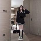 Set: Long-sleeve Wide-collar Cropped Blouse + Pleated Mini A-line Skirt