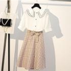 Set: Short-sleeve Blouse + Midi A-line Plaid Skirt