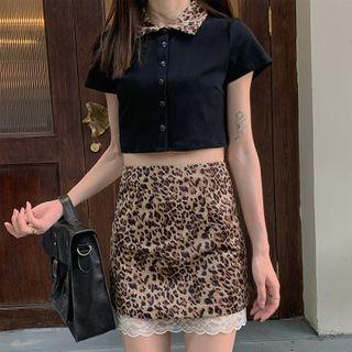 Short-sleeve Cropped Polo Shirt / Leopard Print A-line Skirt
