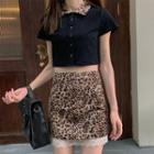 Short-sleeve Cropped Polo Shirt / Leopard Print A-line Skirt