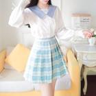 Set: Lace Trim Blouse + Plaid A-line Skirt