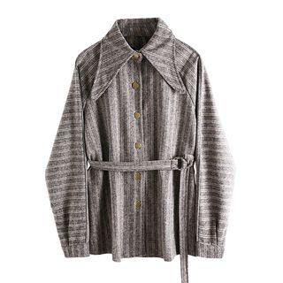 Tie Waist Striped Shirt Coffee - One Size