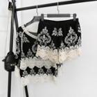 3/4-sleeve Lace Panel Top / Embroidered Shorts
