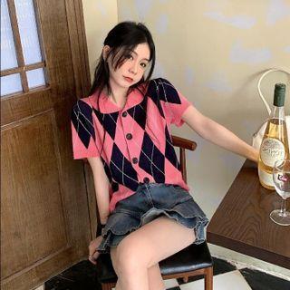 Short-sleeve Argyle Knit Top Black Argyle - Dark Pink - One Size