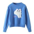 Cat Embroidered Cropped Sweater Blue - One Size