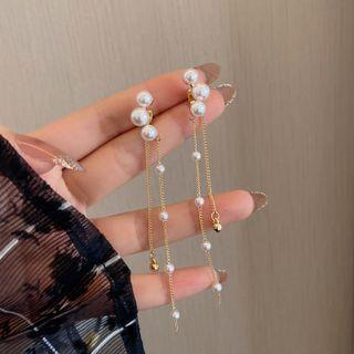 Faux Pearl Fringed Earring 1 Pair - Stud Earring - S925 Silver Needle - Gold - One Size